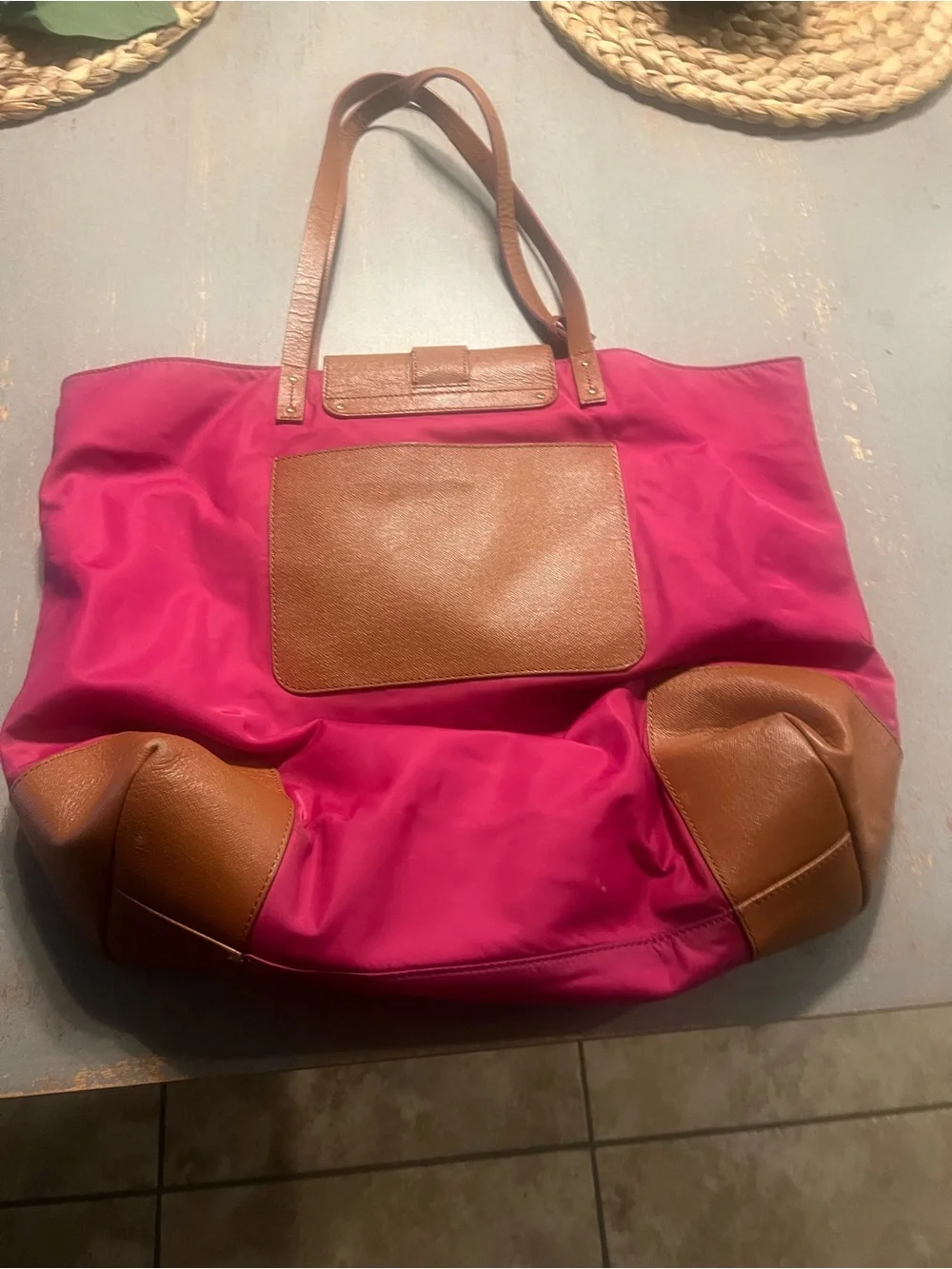 Tory Burch Fuchsia Nylon Tote with Brown Leather Trim